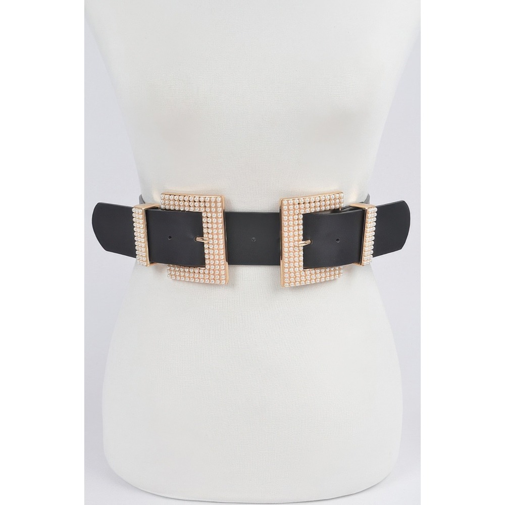 Double Buckle Belt Women OS Black New Pearl Gold Tone Square Buckle